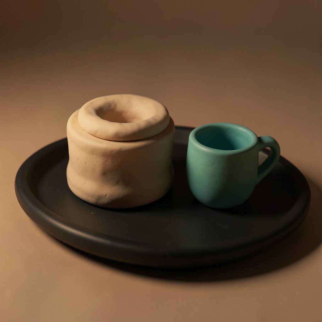 Soft clay-model render of a closed journal and a small teal mug on a flat black tray, lit with a warm, low glow.