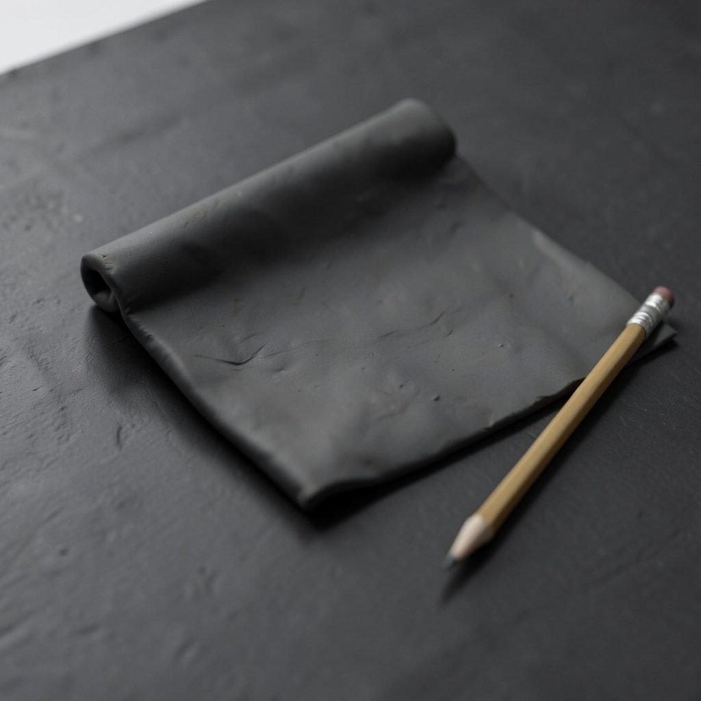 Soft clay-model render of a folded letter and a pencil resting on a dark desk, rendered in matte charcoal with a single accent of muted gold.
