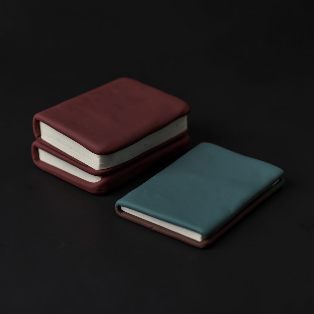 Soft clay-model render of a small stack of books and a folded notebook in dark red and muted teal on a near-black surface.